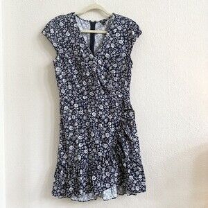 J Crew Mercantile Ditsy Floral Print Blue Wrap Dress Ruffle‎ Flutter Hem Size 8